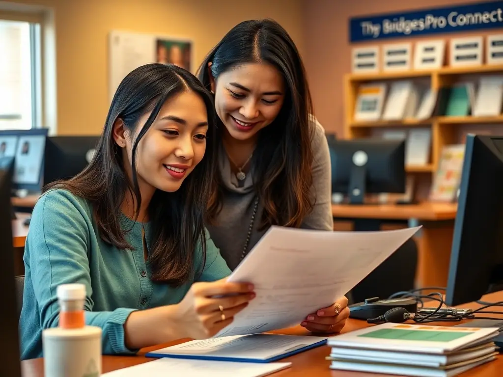 A person is reviewing a resume with a career counselor, focusing on highlighting skills and experience. The setting is a resource center with computers and informational materials, emphasizing the practical support offered by BridgesPro Connect.