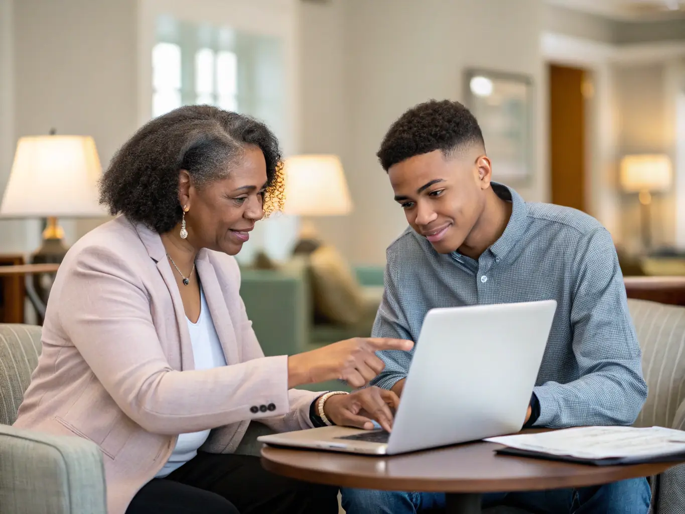 A mentor guiding a mentee through a career development plan, using a digital tablet to review resources and opportunities. The image conveys a sense of personalized support and guidance.
