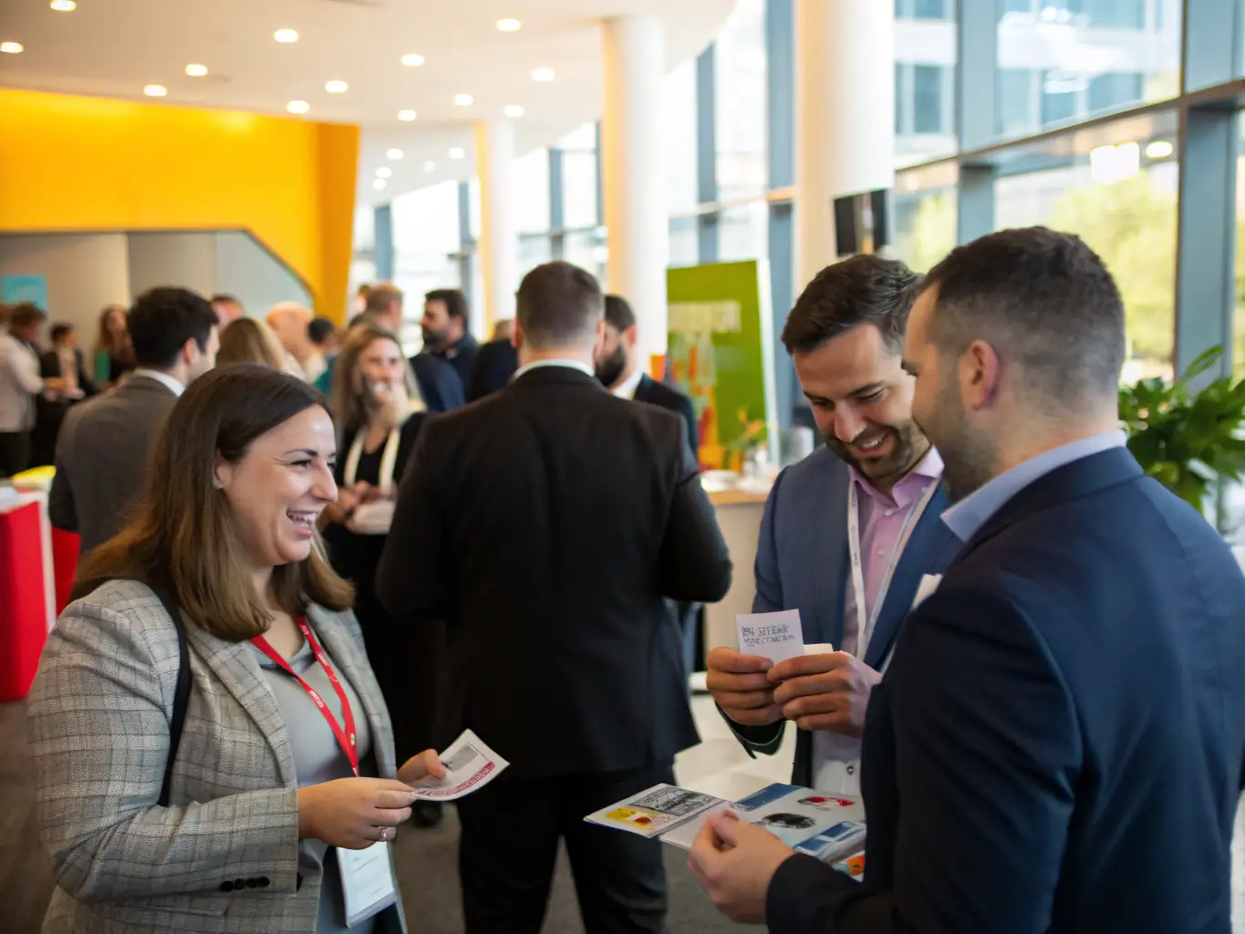 Professionals networking at a BridgesPro Connect event, exchanging business cards and engaging in conversations. The atmosphere is lively and inclusive, promoting connections and collaboration.