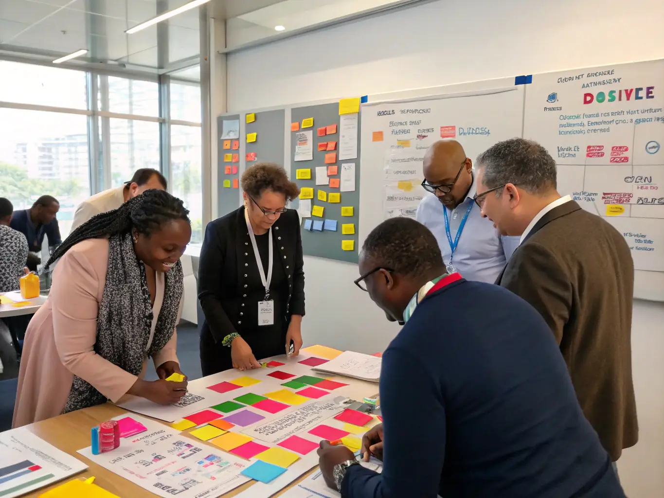 A diverse group of professionals participating in a self-discovery workshop, engaging in activities designed to identify their strengths and passions. The setting is bright and collaborative, fostering a sense of community and shared purpose.