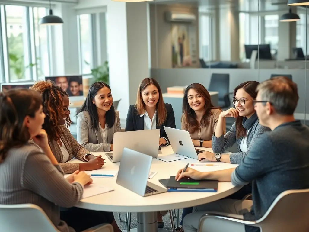 A diverse group of professionals engaged in a mentorship session, discussing career strategies and goals in a modern office setting. The atmosphere is collaborative and supportive, reflecting the core values of BridgesPro Connect.