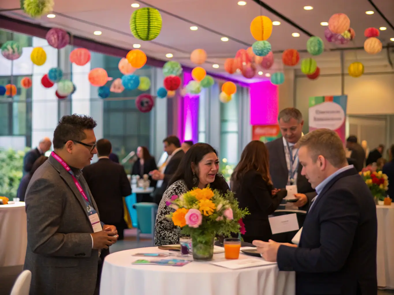 A vibrant networking event with diverse professionals connecting and exchanging ideas. The event is lively and engaging, showcasing the opportunities for collaboration and growth provided by BridgesPro Connect.