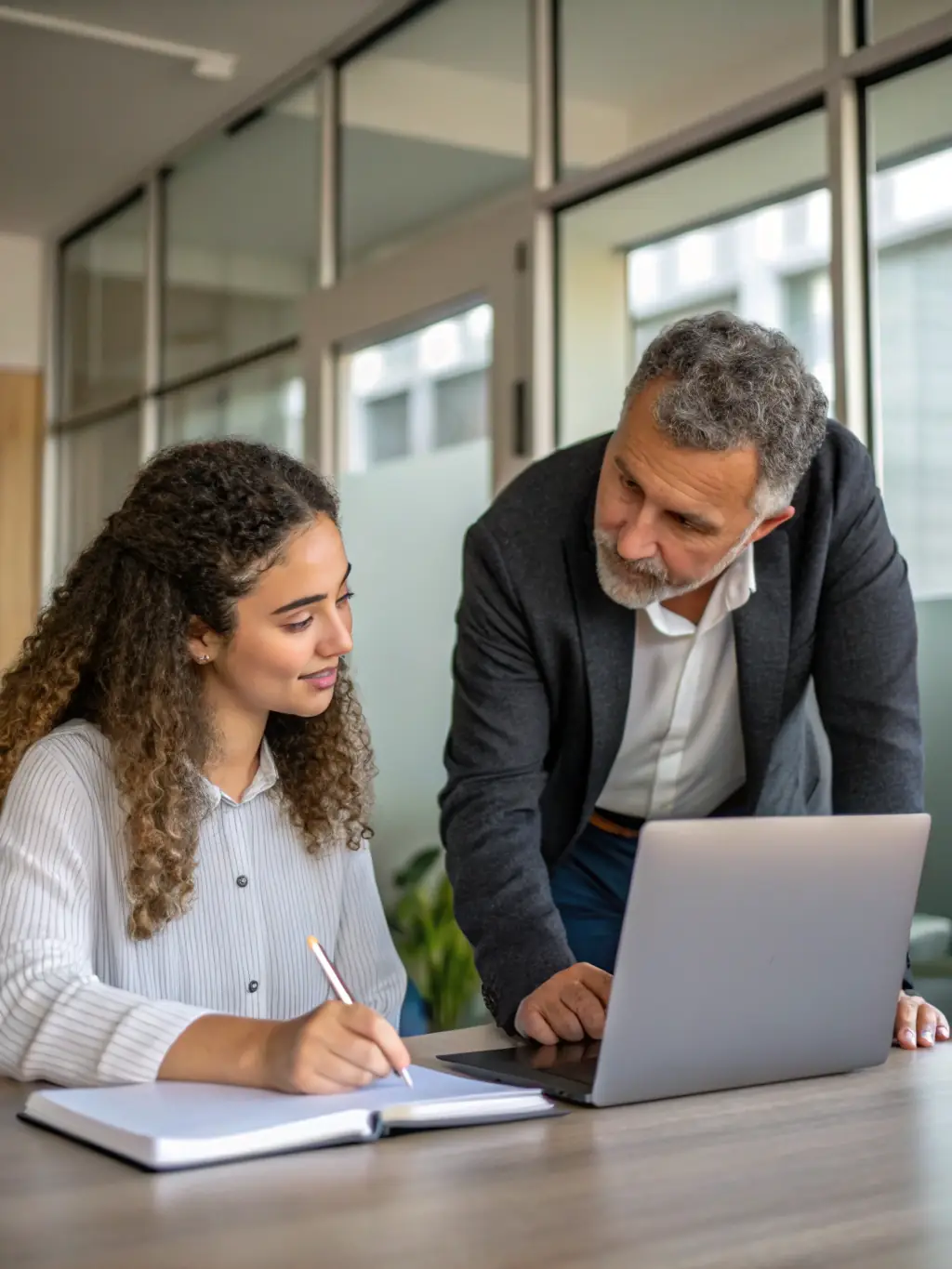A mentor guiding a mentee in a modern office setting, reviewing documents and discussing career strategies, representing the personalized mentorship offered by BridgesPro Connect.