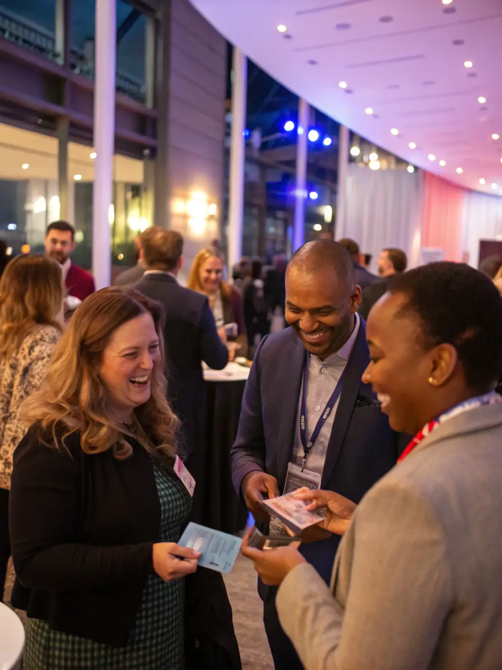 A diverse group of professionals engaged in a lively networking event, exchanging business cards and ideas, symbolizing the power of connection and collaboration within BridgesPro Connect.
