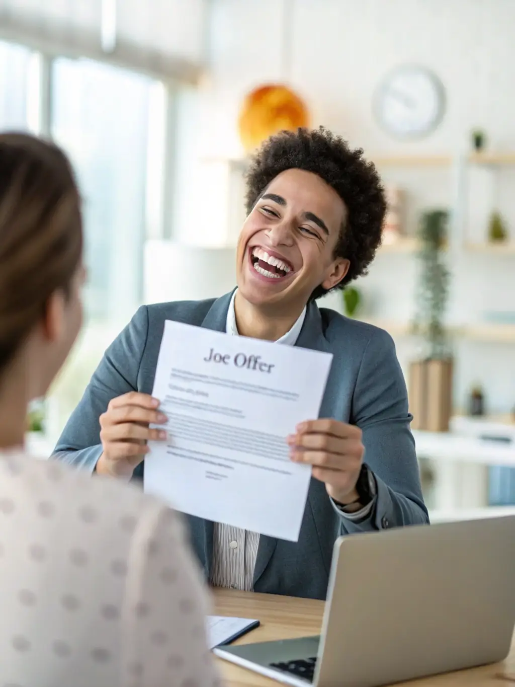 A person receiving a job offer letter with a smile, set against a backdrop of a modern office, symbolizing the career opportunities facilitated by BridgesPro Connect.