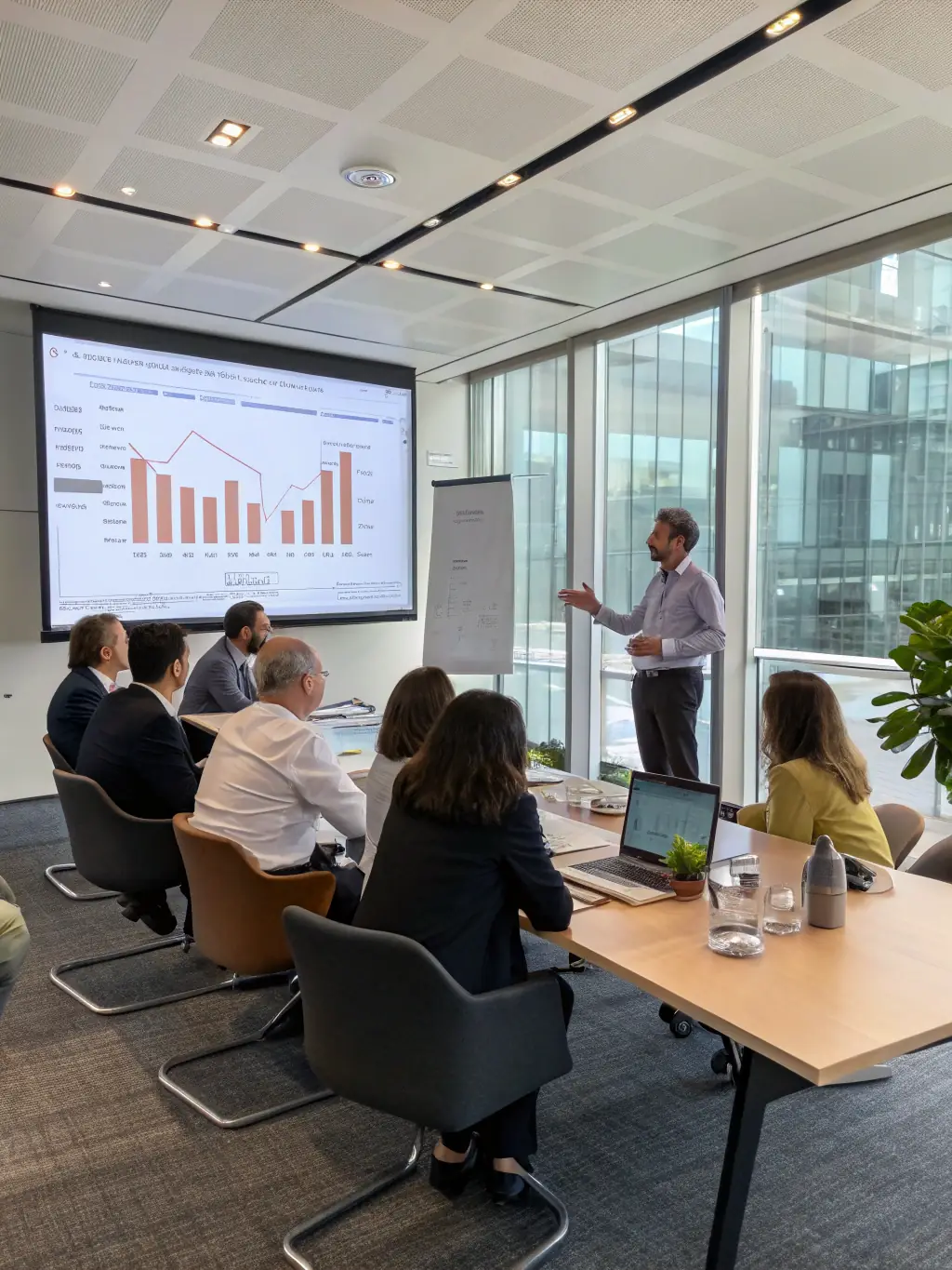 A person confidently presenting a business plan to a group, with charts and graphs displayed on a screen, illustrating the business resources provided by BridgesPro Connect.