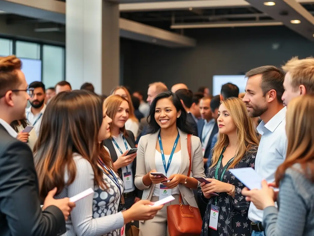 A group of professionals networking at a BridgesPro Connect event, exchanging business cards and engaging in conversations, set against a backdrop of the BridgesPro Connect logo, emphasizing community and connection.