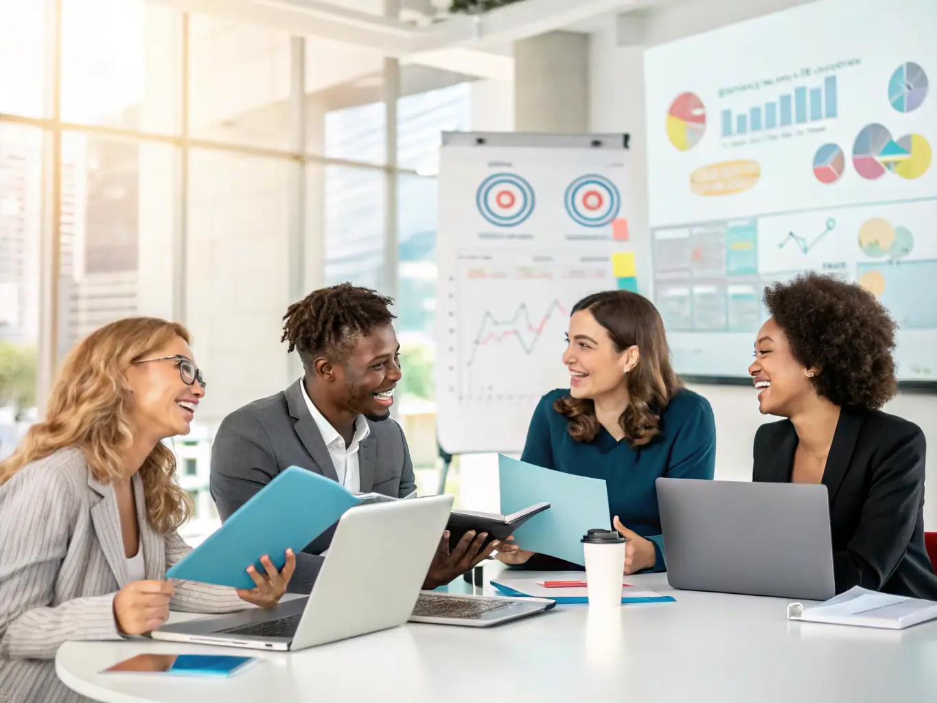A diverse group of professionals participating in a BridgesPro Connect workshop, actively engaged in a collaborative learning activity, with laptops and notebooks spread across the table, reflecting a dynamic and inclusive environment.