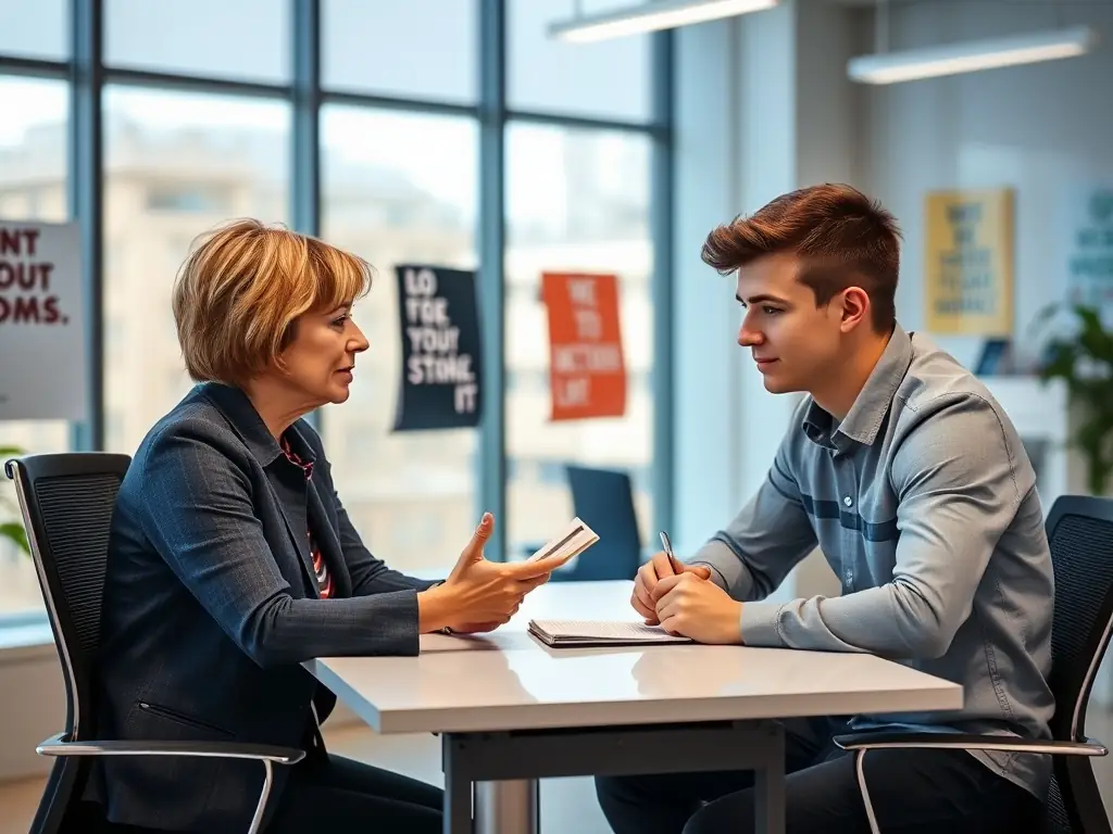 A mentor guiding a mentee in a one-on-one session, reviewing a resume and providing constructive feedback, set in a modern office environment, symbolizing personalized career guidance and support.